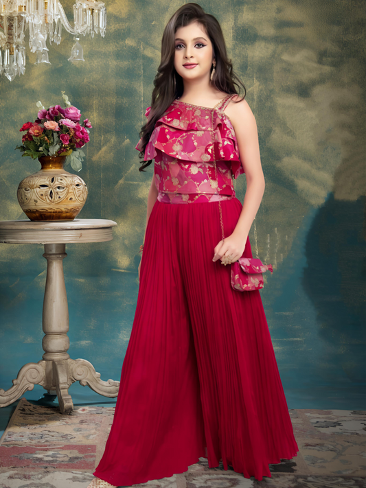 Elegant Ruffle Top & Pleated Palazzo Set for Girls – Cherry Red