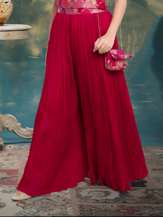 Elegant Ruffle Top & Pleated Palazzo Set for Girls – Cherry Red