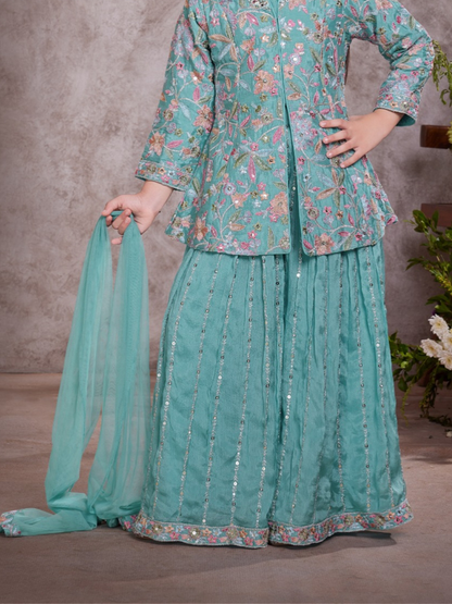 Aqua Embroidered Anarkali Set